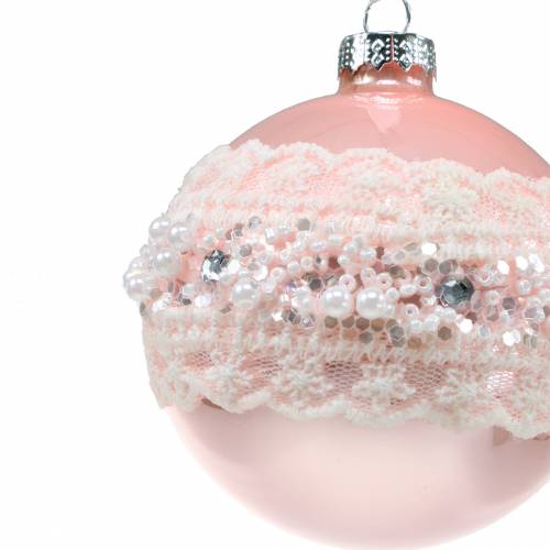 Floristik24 Sfera di vetro rosa con pizzo e perle 3pz