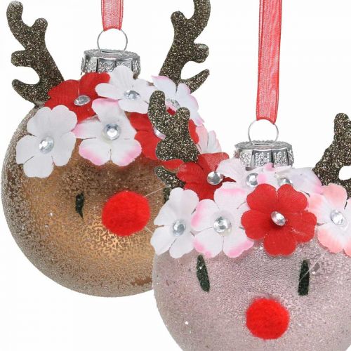 Palla per albero di Natale, renna con ghirlanda di fiori, decorazione dell'avvento, decorazioni per l'albero marrone, rosa vero vetro Ø8cm 2 pezzi