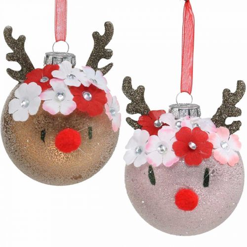 Palla per albero di Natale, renna con ghirlanda di fiori, decorazione dell'avvento, decorazioni per l'albero marrone, rosa vero vetro Ø8cm 2 pezzi Palla per albero di Natale, renna con ghirlanda di fiori, decorazione dell'avvento, decorazioni per l'albero marrone, rosa vero vetro Ø8cm 2 pezzi