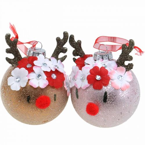 Palla per albero di Natale, renna con ghirlanda di fiori, decorazione dell'avvento, decorazioni per l'albero marrone, rosa vero vetro Ø8cm 2 pezzi