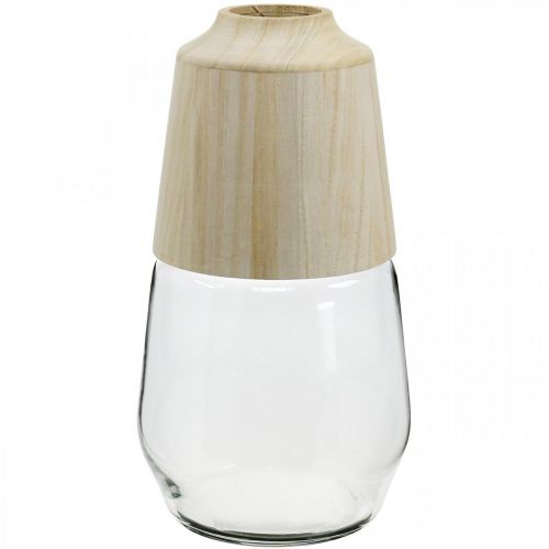 Prodotto Vaso in vetro con vaso decorativo in legno vaso di fiori trasparente H30cm