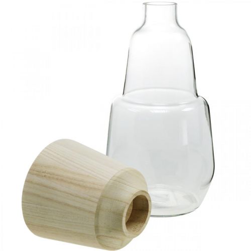 Prodotto Vaso in vetro con vaso decorativo in legno vaso di fiori trasparente H30cm