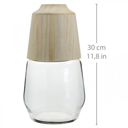 Prodotto Vaso in vetro con vaso decorativo in legno vaso di fiori trasparente H30cm