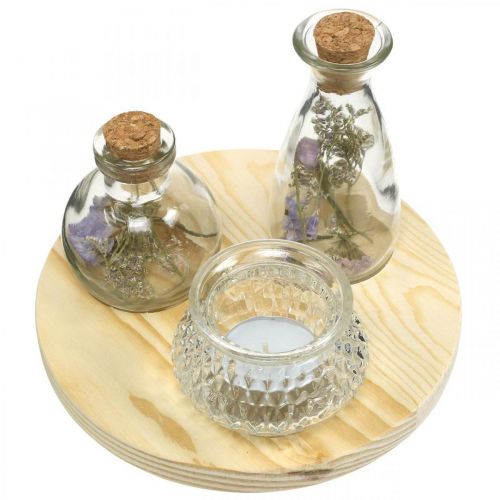 Floristik24 Vaso su vassoio in legno, decoro da tavola con fiori secchi, lanterna naturale, trasparente Ø18cm
