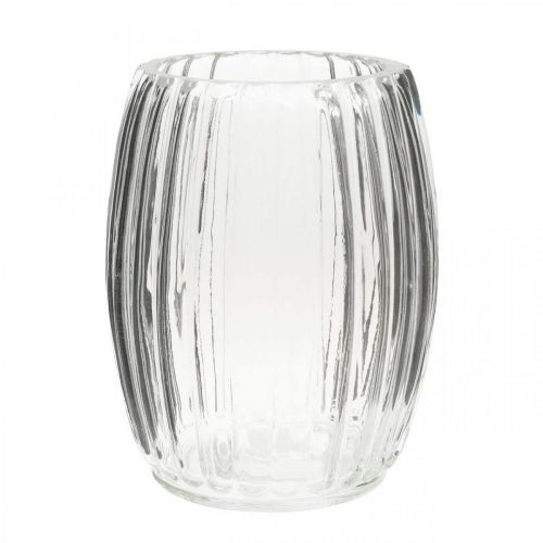 Vaso in vetro con scanalature, lanterna in vetro trasparente H15cm Ø11,5cm