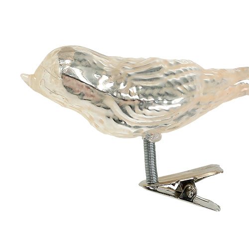 Prodotto Uccello di vetro su clip crema 7,5 cm 3 pezzi