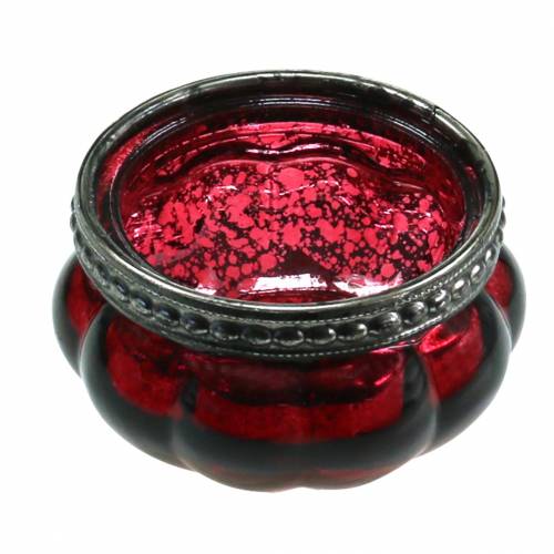 Floristik24 Tea light in vetro rosso antico, argento con bordo in metallo Ø6cm H3.5cm