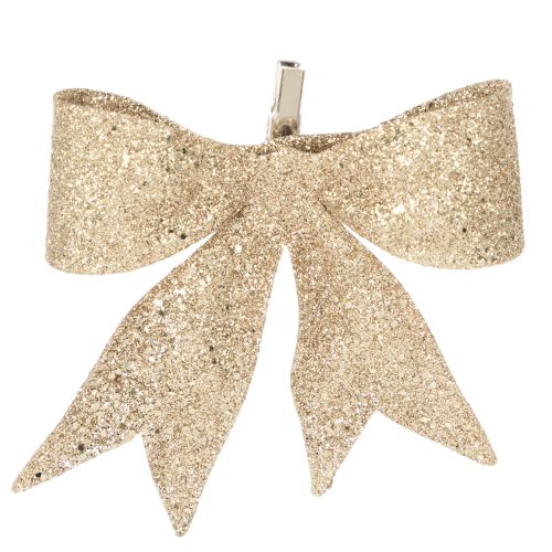Fiocco glitterato, fiocco decorativo, oro con clip, 11 cm, 4 pezzi