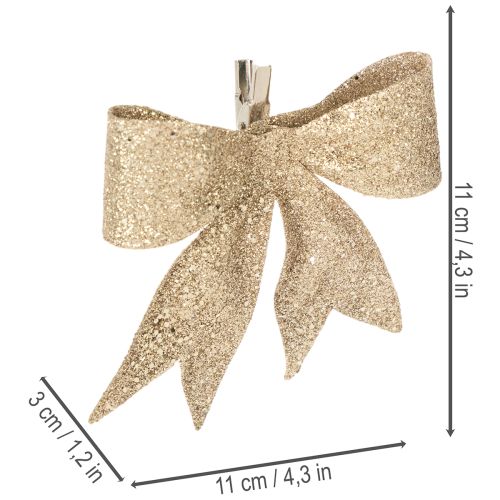 Fiocco glitterato, fiocco decorativo, oro con clip, 11 cm, 4 pezzi | Floristik24.it