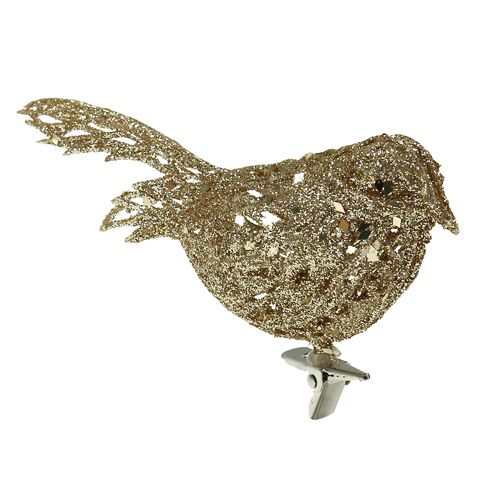 Uccello glitter 8 cm oro con clip 6 pezzi