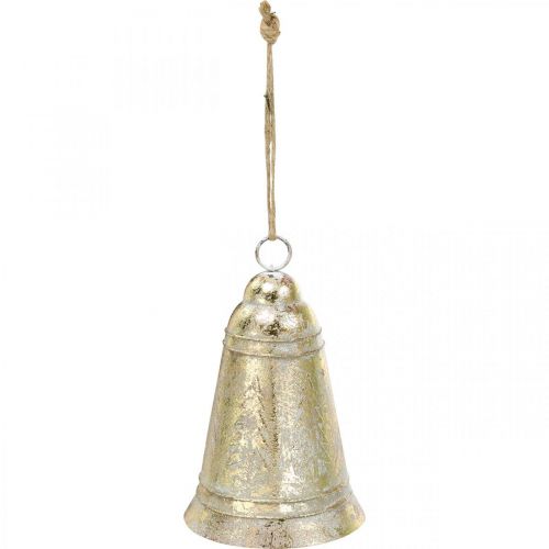 Campana natalizia da appendere, Avvento, campana con decoro in abete aspetto anticato dorato Ø10,5cm H17cm