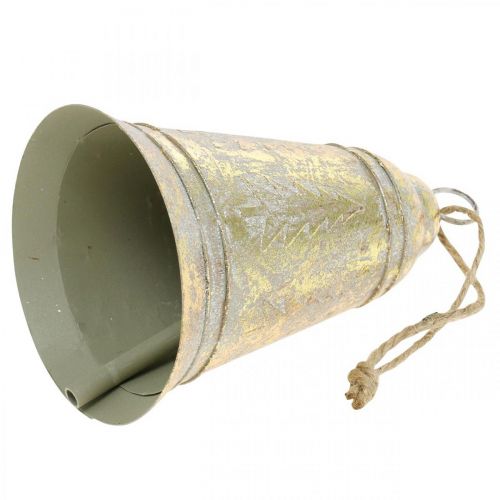 Campana natalizia da appendere, Avvento, campana con decoro in abete aspetto anticato dorato Ø10,5cm H17cm