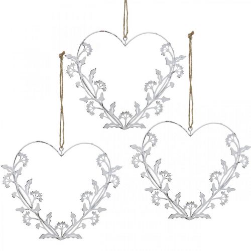 Floristik24 Cuore decorativo da appendere vintage dente di leone in metallo bianco 17,5 cm 3 pezzi