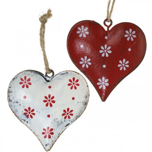 Cuore in metallo da appendere, etichetta regalo, San  Valentino, aspetto vintage rosso, bianco H6cm 6pz-02802
