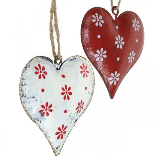 Floristik24 Cuore in metallo da appendere, etichetta regalo, San Valentino, aspetto vintage rosso, bianco H6cm 6pz