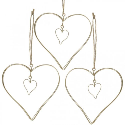 Floristik24 Cuore decorativo da appendere, decorazione da appendere cuore in metallo dorato 10,5 cm 6 pz