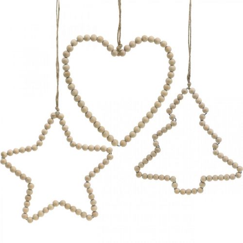 Perline di legno decorative natalizie cuore stella albero H16cm 3 pz