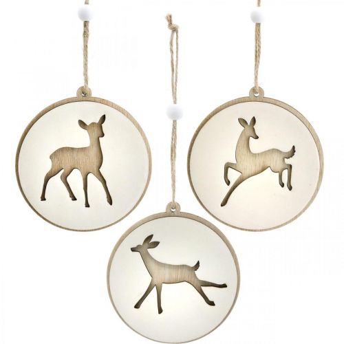 Ciondolo con cervo, medaglione decorativo, decorazione in legno, Avvento Ø9,5cm 6 pezzi