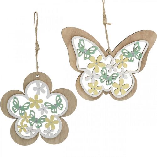 Prodotto Farfalla da appendere, fiore pendente in legno, decoro primaverile con brillantini H11/14,5cm 4pz