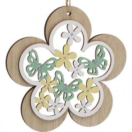 Prodotto Farfalla da appendere, fiore pendente in legno, decoro primaverile con brillantini H11/14,5cm 4pz