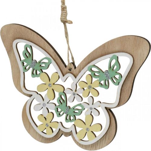 Prodotto Farfalla da appendere, fiore pendente in legno, decoro primaverile con brillantini H11/14,5cm 4pz