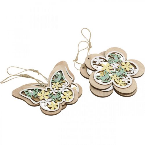 Prodotto Farfalla da appendere, fiore pendente in legno, decoro primaverile con brillantini H11/14,5cm 4pz