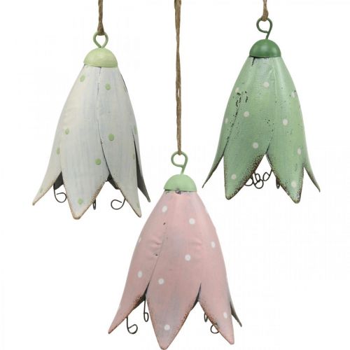 Floristik24 Fiori di metallo, campanule da appendere, decorazione primaverile, ciondolo in metallo H10,5 cm bianco, rosa, verde set di 3