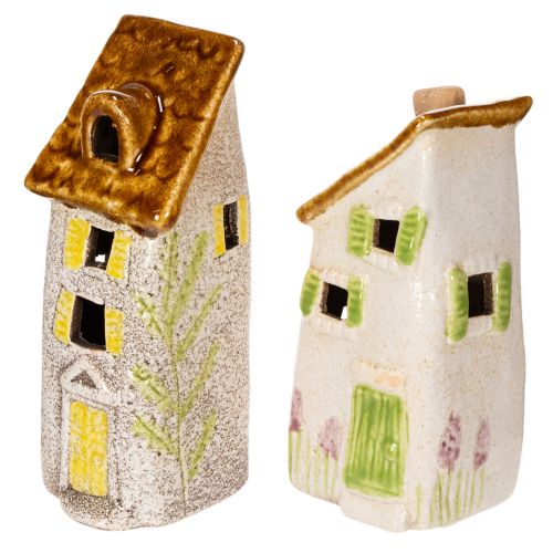Casa rustica in ceramica con LED luminoso, ideale come decorazione da tavola suggestiva, 15 cm, 2 pezzi