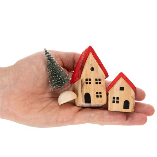 Set di casette decorative in legno con tetti rossi e abeti, 12 cm, 6 pezzi | Floristik24.it