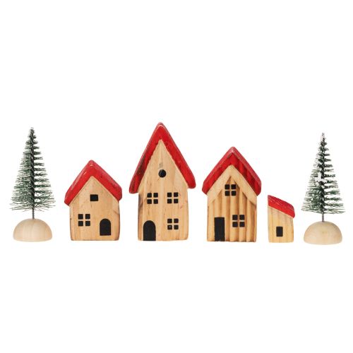 Set di casette decorative in legno con tetti rossi e abeti, 12 cm, 6 pezzi | Floristik24.it