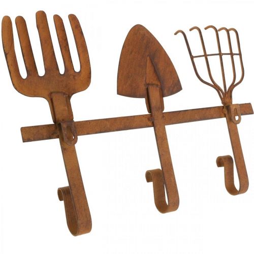 Prodotto Attrezzi da giardino con gancio, decorazione da giardino, rastrello a vanga, armadio in patina metallica L33,5 cm