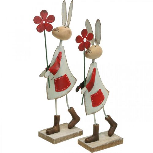 Decorazione pasquale, coniglio in metallo, decorazione primaverile, coniglietto pasquale con fiore rosso, beige H21cm 2pz