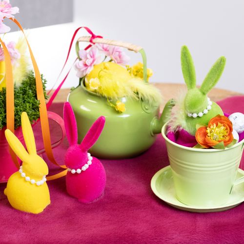 Prodotto Figura decorativa a forma di coniglietto pasquale con collana di perle, perfetta per soggiorno o camera da letto, 13 cm, 4 pezzi