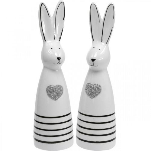 Coniglio in ceramica bianco e nero, decorazione coniglietto pasquale coppia di conigli con cuore H20.5cm 2pz