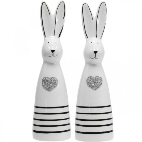 Floristik24 Coniglio in ceramica bianco e nero, decoro coniglietto pasquale coppia di conigli con cuore H20.5cm 2pz