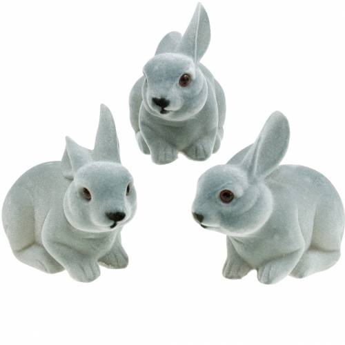 Floristik24 Figura decorativa coniglio grigio, decorazione primaverile, coniglietto pasquale seduto floccato 3pz