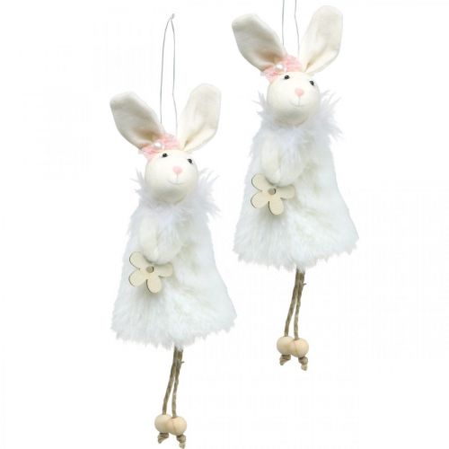 Floristik24 Coniglietto da appendere, decoro pasquale, ciondolo primaverile, coniglietto pasquale con fiore bianco, naturale H21cm 6pz