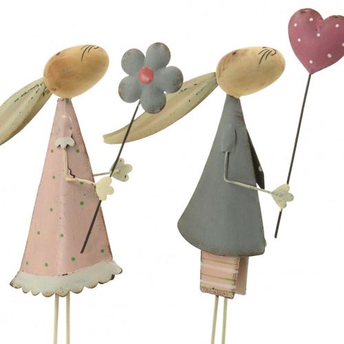 Floristik24 Decorazione primaverile, conigli in metallo, Pasqua, coppia di conigli, San Valentino rosa, blu 29,5/31,5 cm set di 2