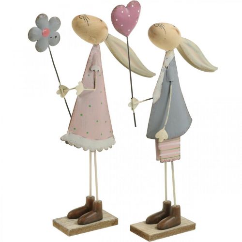 Decorazione primaverile, conigli in metallo, Pasqua, coppia di conigli, San Valentino rosa, blu 29,5/31,5 cm set di 2