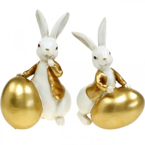 Floristik24 Coniglietto pasquale bianco-dorato, decorazione pasquale, coniglietto decorativo con uovo H16/18cm set di 2