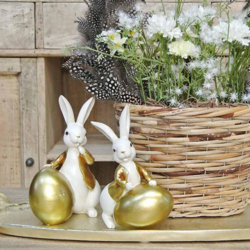 Floristik24 Coniglietto pasquale bianco-dorato, decorazione pasquale, coniglietto decorativo con uovo H16/18cm set di 2