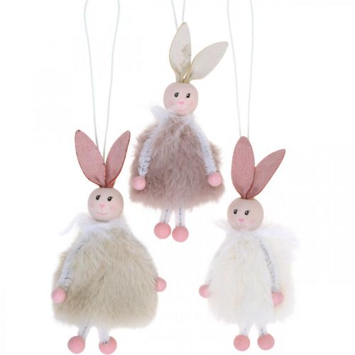 Floristik24 Coniglietti, decorazioni pasquali, ciondoli primaverili, coniglietti pasquali da appendere beige, rosa, bianco H12,5cm 3pz