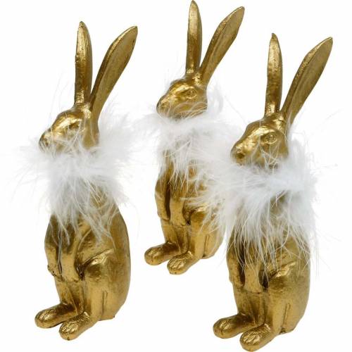Floristik24 Conigli eretti, decorazioni pasquali dorate, primavera, coniglietti pasquali con piume 3pz