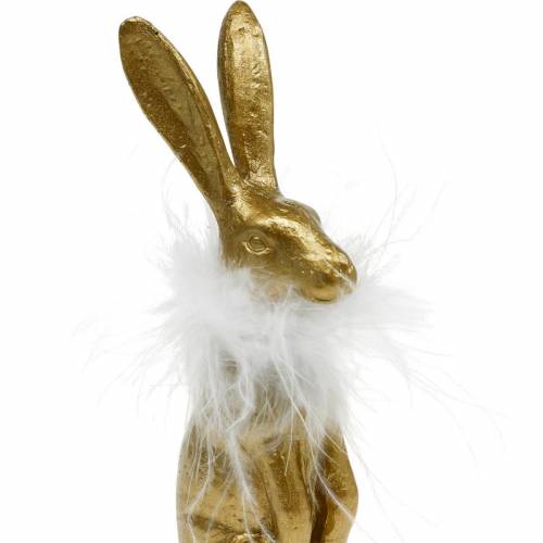 Floristik24 Conigli eretti, decorazioni pasquali dorate, primavera, coniglietti pasquali con piume 3pz