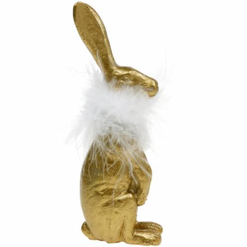 Floristik24 Conigli eretti, decorazioni pasquali dorate, primavera, coniglietti pasquali con piume 3pz
