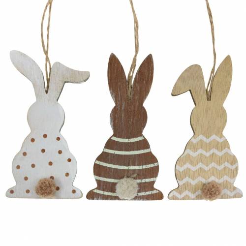 Floristik24 Coniglietto pasquale da appendere crema, marrone, legno naturale assortito H11,5cm 6 pezzi