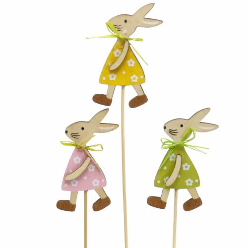Coniglietto di legno sul bastone verde, giallo, rosa 8 cm 12 pezzi
