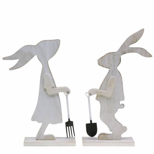 Coniglio con attrezzi da giardino in legno bianco H28/30,5cm set di 2