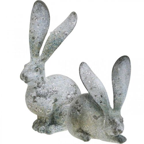 Coniglio decorativo, figura da giardino effetto cemento, shabby chic, decorazione pasquale con accenti argento H25cm set di 2