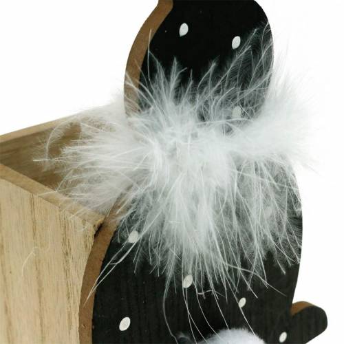Bunny fioriera box boa di piume nero, coniglietto pasquale in legno punteggiato bianco